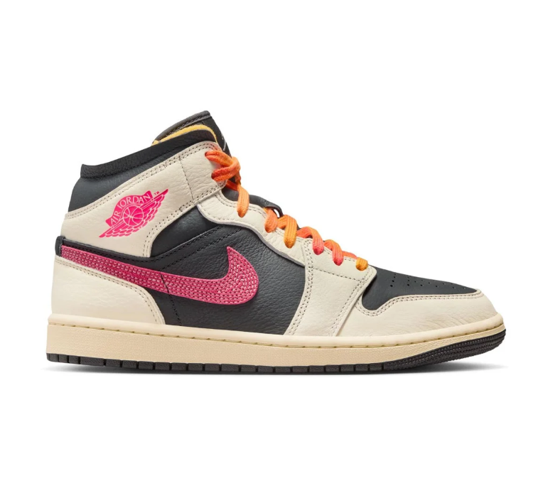 Air Jordan 1 Mid Black and Cream Sneakers with Pink Swoosh