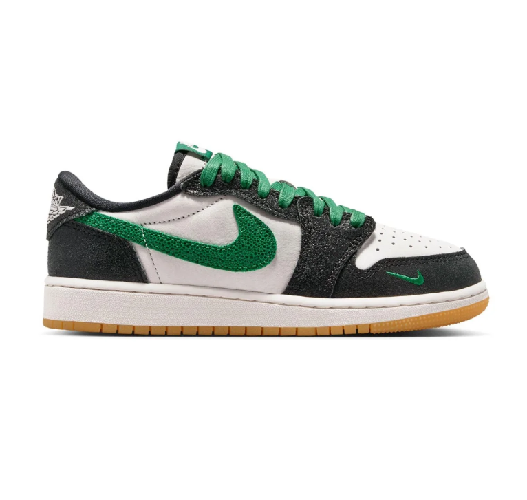 Air Jordan Black and White Low-Top Sneakers with Green Swoosh and Gum Outsole