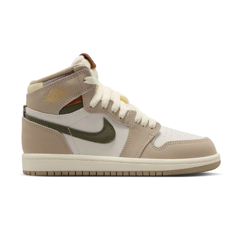 Air Jordan Beige and White High-Top Sneakers with Olive Swoosh