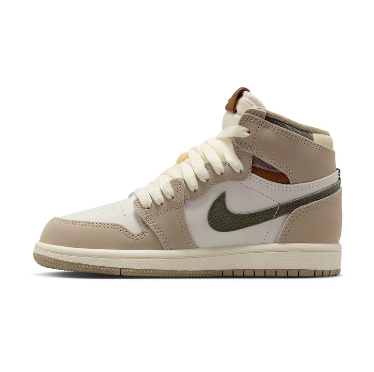 Air Jordan Beige and White High-Top Sneakers with Olive Swoosh