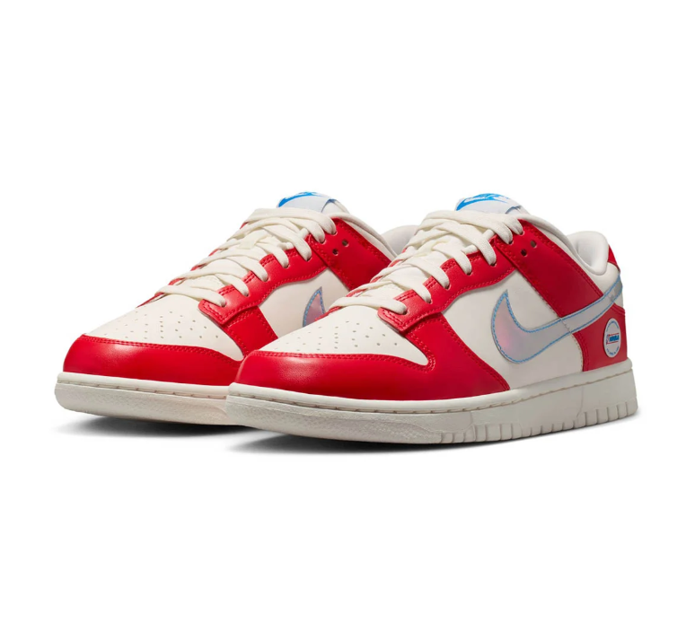 Nike Red and Off-White Low-Top Sneakers with Iridescent Swoosh