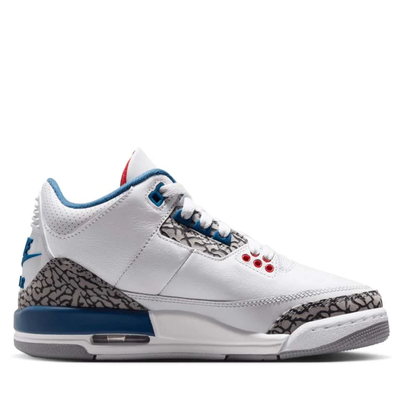 Jordan White and Blue Sneakers with Elephant-Print Panels and Red Accents