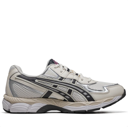 ASICS Cream and Silver Mesh Sneakers with Black Stripes and Burgundy Accents