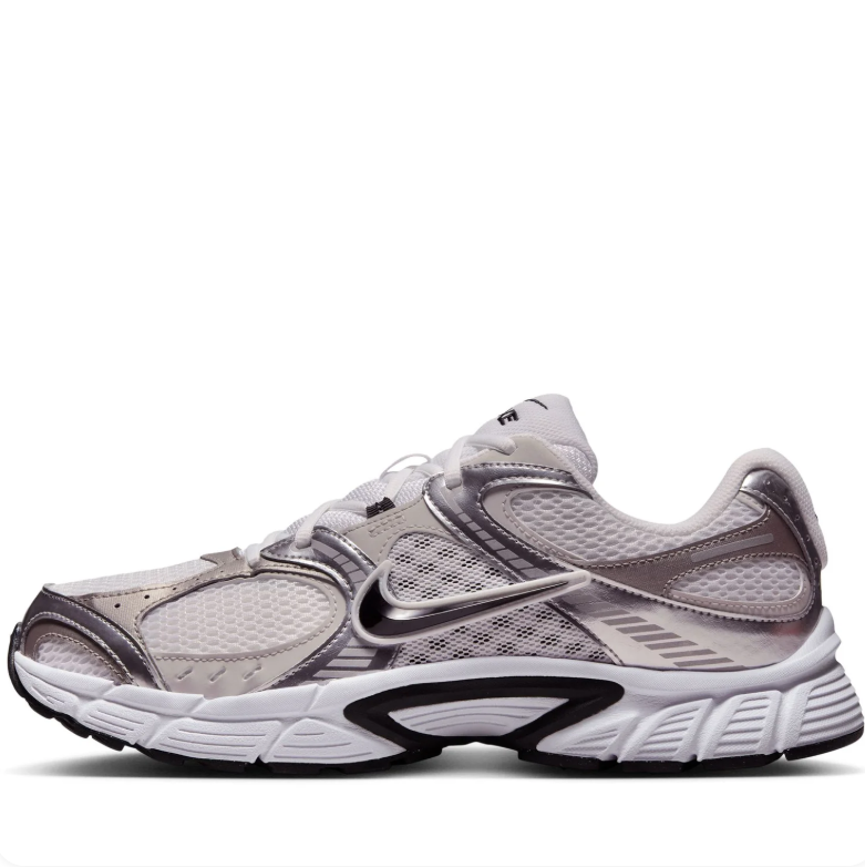 Nike White and Metallic Silver Mesh Sneakers with Black Swoosh Details