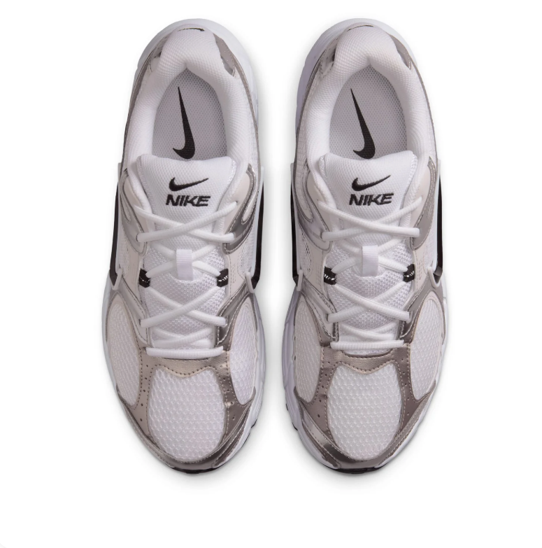 Nike White and Metallic Silver Mesh Sneakers with Black Swoosh Details
