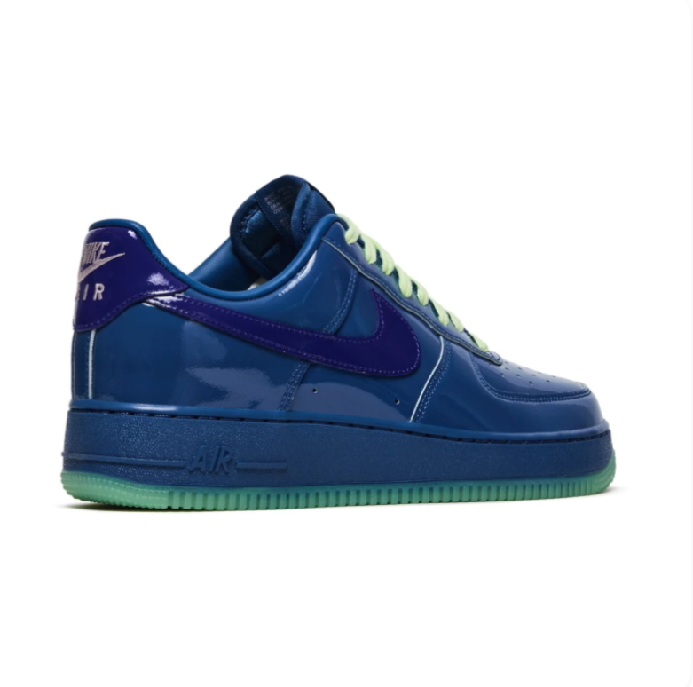 Nike Glossy Blue Low-Top Sneakers with Purple Swoosh and Mint Green Sole