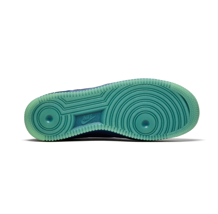 Nike Glossy Blue Low-Top Sneakers with Purple Swoosh and Mint Green Sole