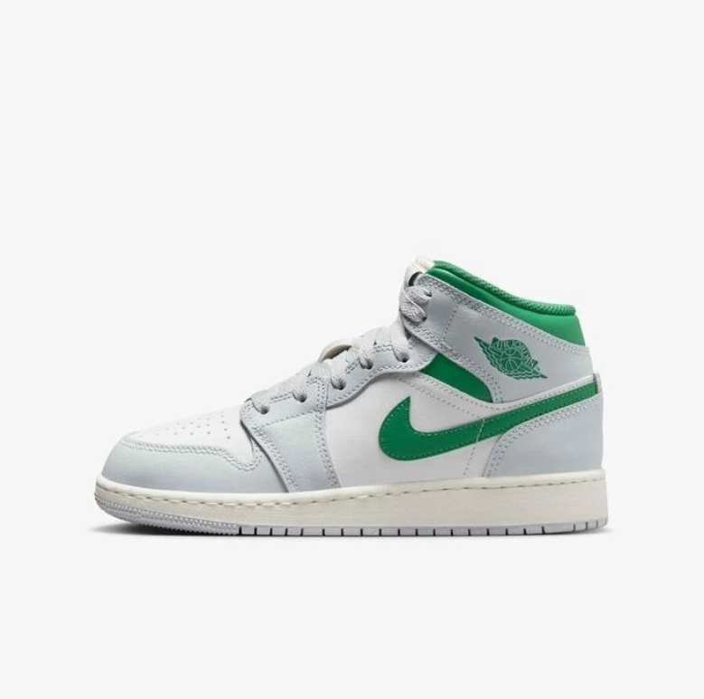 Jordan White and Light Grey Mid-Top Sneakers with Green Accents