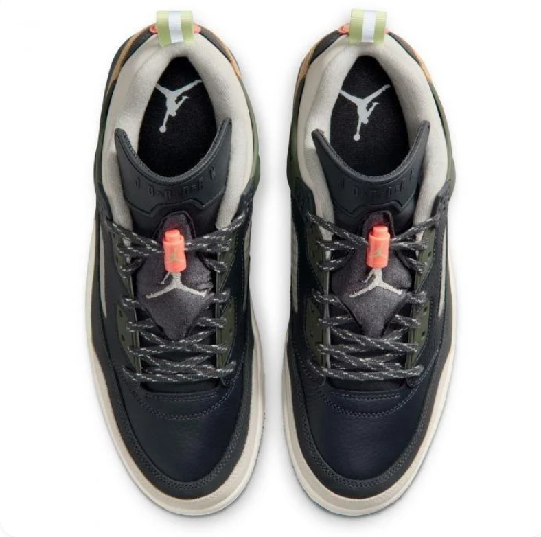 Jordan Black and Olive Sneakers with Tan Heel Panels and Coral Accents