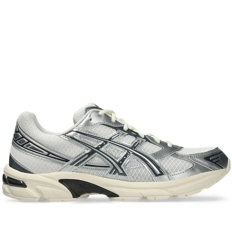ASICS Silver and Light Grey Mesh Sneakers with Black Stripes and Cream Sole