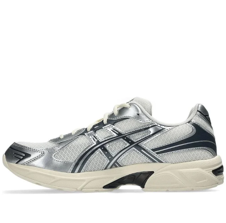 ASICS Silver and Light Grey Mesh Sneakers with Black Stripes and Cream Sole