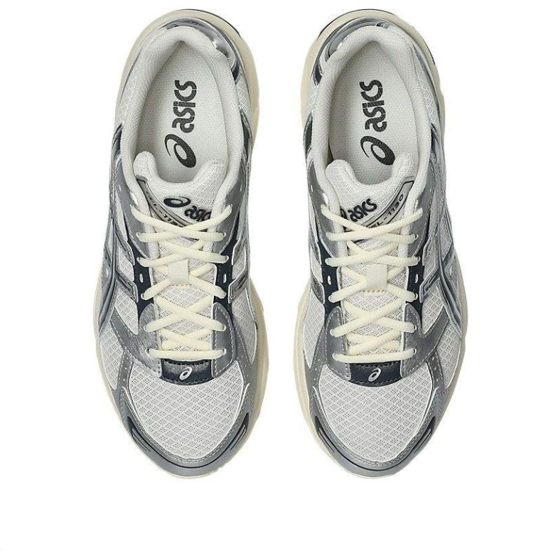 ASICS Silver and Light Grey Mesh Sneakers with Black Stripes and Cream Sole