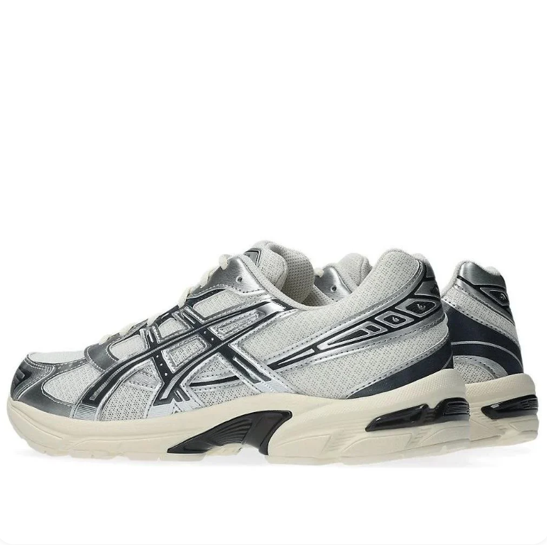 ASICS Silver and Light Grey Mesh Sneakers with Black Stripes and Cream Sole