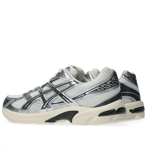 ASICS Silver and Light Grey Mesh Sneakers with Black Stripes and Cream Sole