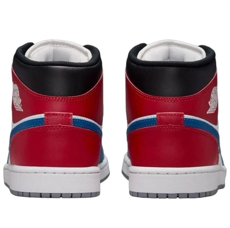 Jordan White, Blue and Red Mid-Top Sneakers with Black Collar