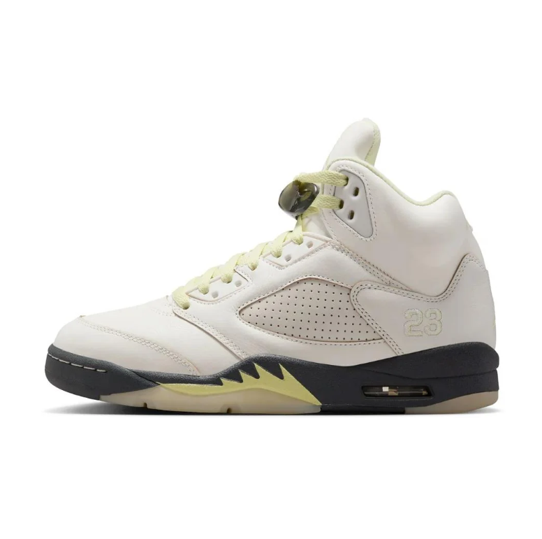 Jordan Off-White High-Top Sneakers with Pale Yellow Accents and Black Midsoles