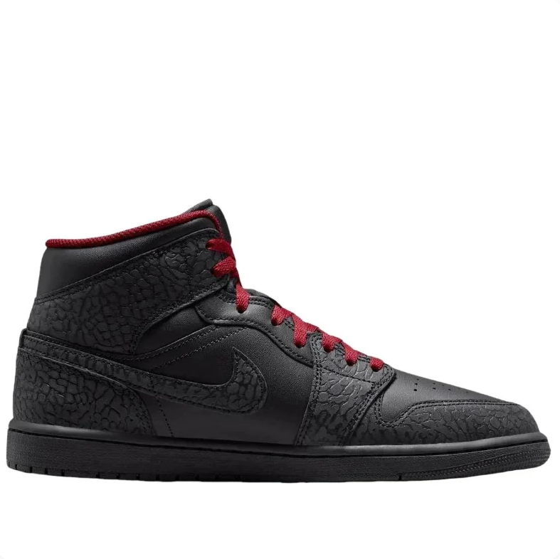 Jordan Black High-Top Sneakers with Elephant-Pattern Overlays and Red Laces