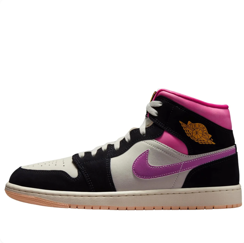 Jordan Black and Off-White High-Top Sneakers with Pink Collars and Purple Swooshes