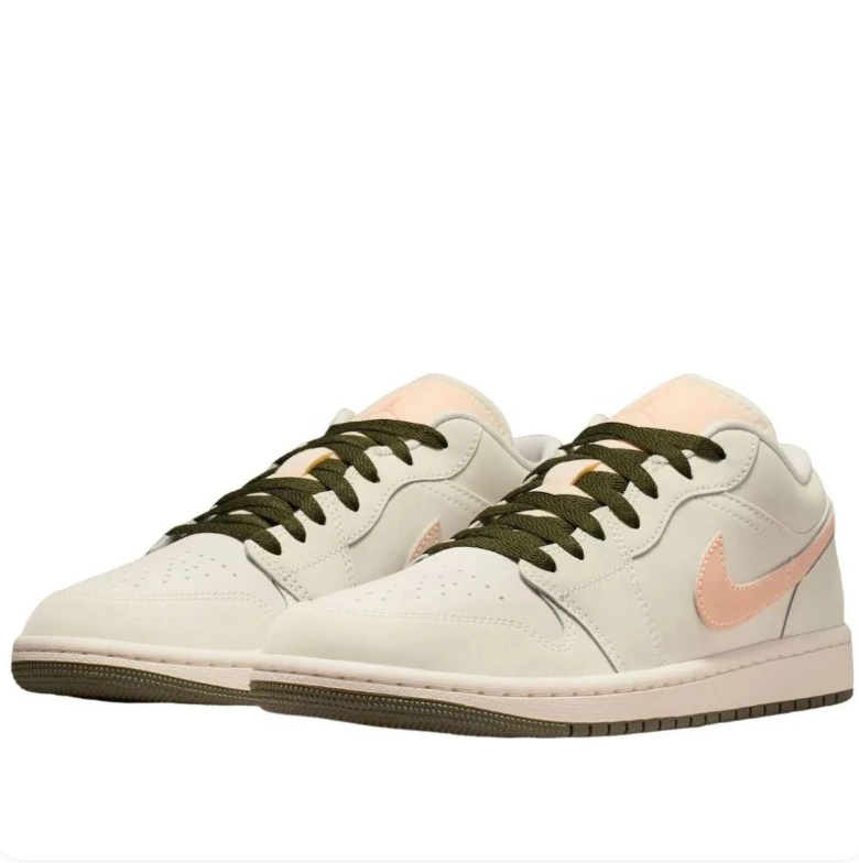Jordan Off-White Low-Top Sneakers with Peach Swooshes and Olive Laces