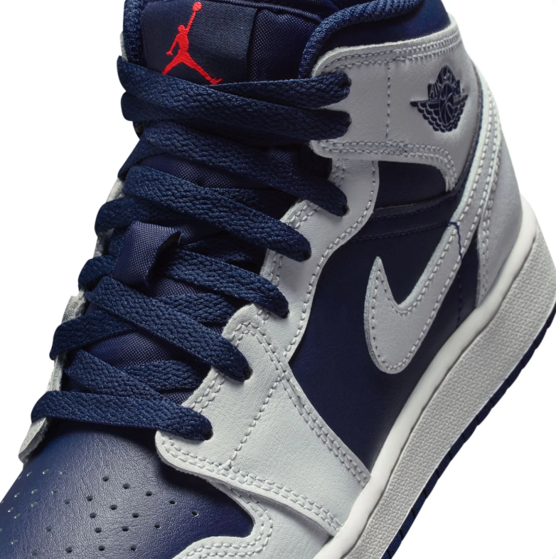 Jordan Navy Blue and Light Gray High-Top Sneakers with Red Jumpman Details